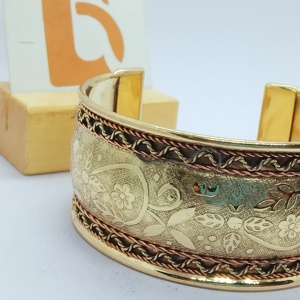 Ethnic Gold Plated <b>Copper</b> Alloy Cuff Bracelet with Flower Pattern for Unisex Party - Product Image 1