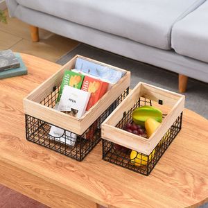 Set di 3 Cestini Portaoggetti in Filo Metallico con Coperchio in Legno e Manici Integrati, Organizer per Cucina, Lavanderia, Cameretta - Product Image 5