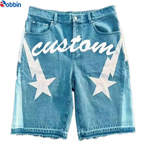 กางเกงยีนส์ขาสั้นสไตล์สตรีทแวร์พร้อมโลโก้ผู้ชาย กางเกงยีนส์เดนิมคุณภาพสูงแบบวินเทจฟอกสี สำหรับผู้ชาย ผ้าฝ้ายแต่งลายปะติด - Product Image 3