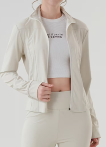 Ensemble sportif 2 pièces beige pour femme, en tricot Spandex/Coton, avec veste à manches longues color block et fermeture éclair, coupe régulière, respirant, toutes saisons - Product Image 3