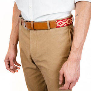 Handcrafted Tan Leather <b>Belt</b> With <b>Red</b> And Cream Aztec Pattern Gaucho Style Equestrian Waist Strap - Product Image 2
