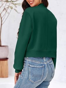 Chaqueta Bomber Verde para Mujer, Color Sólido, Cuello Alto, Manga Larga, Cierre de Botones, Ropa Exterior Informal para Otoño - Product Image 3