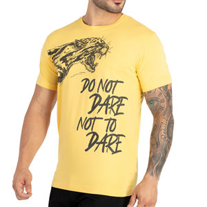 <b>Men's</b> Yellow Short Sleeve O-Neck T-Shirt Regular Fit <b>Animal</b> Print Casual Jersey Fabric Screen Printing Front Logo - Product Image 3