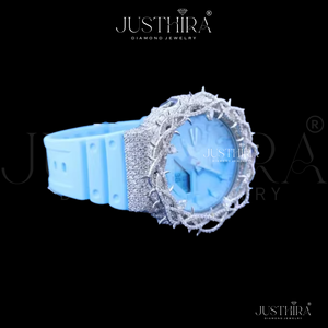 Reloj digital azul hip hop audaz con bisel plateado con diseño de espinas y piedras brillantes para un estilo de joyería moderno - Product Image 3