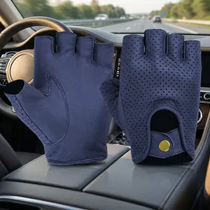 Guantes de Conducción Unisex de Cuero Azul sin Dedos, Transpirables, Perforados, con Correa de Muñeca Ajustable, para Uso en Todas las Estaciones - Product Image 5