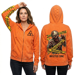 Sudadera con capucha y cremallera naranja desgastada personalizada para mujer, con gráfico de zombie de terror, estampado de bioquedos, estilo urbano, fabricada por un fabricante. - Product Image 1