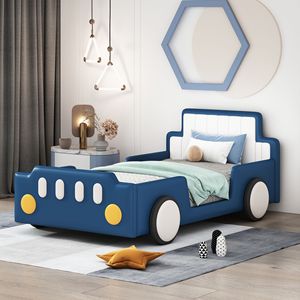 Letto a piattaforma a forma di auto da corsa blu, misura twin, con ruote - Mobili divertenti per bambini - Product Image 1