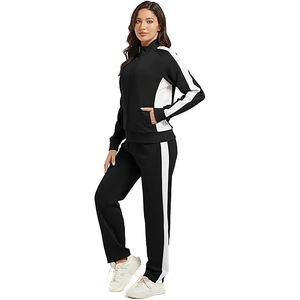 Ensemble de survêtement pour femme en coton et polyester, style vintage, veste zippée, pantalon évasé, ensemble décontracté rétro - Product Image 2