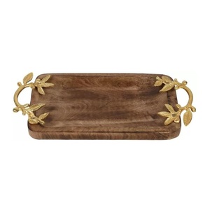 Eco-Friendly Wood Serving <b>Tray</b> With Golden Leaf Branch Design Decorative Handles <b>Snack</b> & Dessert Platter For Home And Gifting - Product Image 1