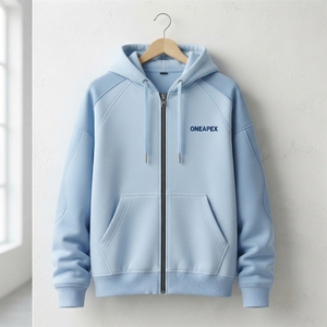 เสื้อฮู้ดซิปสีฟ้าอ่อนสำหรับผู้ชาย ผ้าฟลีซทรงโอเวอร์ไซส์ สไตล์สตรีทแวร์ แจ็คเก็ตลำลอง เสื้อสเวตเชิ้ต สปอร์ตแวร์ รับทำแบรนด์ตามสั่ง ขายส่ง - Product Image 4