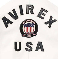 Veste varsity blanche pour homme Avirex, design avec patch brodé, col rabattu, fermeture éclair, style décontracté, vestes en cuir véritable
