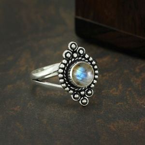 Bague en argent sterling 925 avec pierre précieuse labradorite, forme ronde, placage oxydé vintage, bague à porter tous les jours, cadeau - Product Image 3