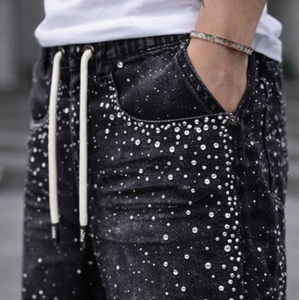 <b>Mens</b> Streetwear Denim <b>Shorts</b> Elastic Waist High Woven Solid Distressed Embroidery <b>Patch</b> Rhinestone Detail Flared Summer Style - Product Image 5