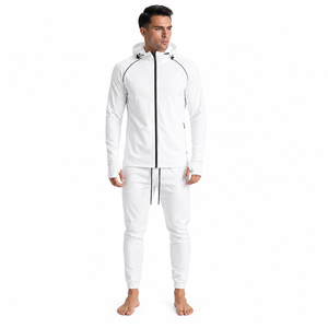 Custom Men's <b>White</b> Hooded Tracksuit Full Zip Casual <b>Jogger</b> Set With Side Pockets Breathable Polyester Spring Wear - Product Image 1