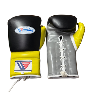 Gants de boxe pour adultes Winning, en cuir noir et jaune, 14oz 16oz, fermeture à lacets, sangle de poignet réglable, légers, professionnels - Product Image 1