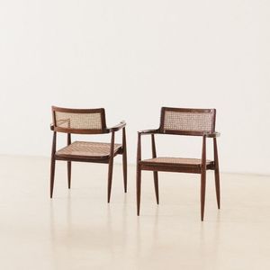 Minimalist Wooden Arm <b>Chair</b> with Natural Rattan Seat and Elegant <b>Mid</b> <b>Century</b> <b>Modern</b> Design - Product Image 1