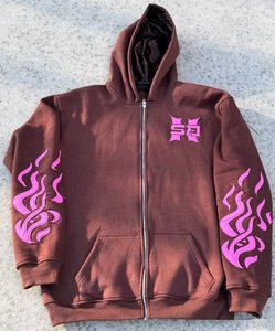 Sweat-shirts à capuche zippés en molleton bouclette pour hommes, coupe ample, grammage lourd 400 GSM, broderie effet vieilli, couleurs unies, style streetwear - Product Image 1