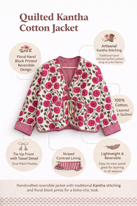 Quilted Kantha Cotton <b>Jacket</b> Floral Hand Block Printed <b>Reversible</b> Boho Women Tie Up Short <b>Jacket</b> Lightweight Outerwear - Product Image 6