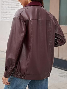 Chaqueta Bomber de Cuero PU para Mujer, Manga Larga, Cierre de Cremallera, Color Sólido, Estilo Otoñal, Cuello Camisero, Largo Regular - Product Image 3