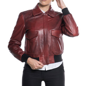เสื้อแจ็คเก็ตหนังแท้ทรงครอปสำหรับผู้หญิง สไตล์บอมเบอร์ลำลอง ซิปหน้า มีกระเป๋า ดีไซน์มอเตอร์ไซค์ ทันสมัย วินเทจ - Product Image 1