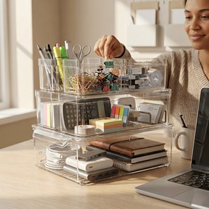 Stackable Rectangle Clear Office Organizer <b>Bins</b> for Cabinets Shelves Desktops Multipurpose <b>Storage</b> <b>Boxes</b> Freshness - Product Image 5