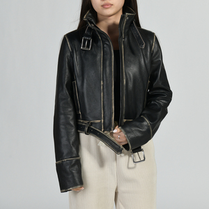 Women's Genuine <b>Leather</b> Bomber Jacket Stand Collar Full Sleeve Adjustable Waist Belt Closure <b>Short</b> Length Winter Windproof - Product Image 6