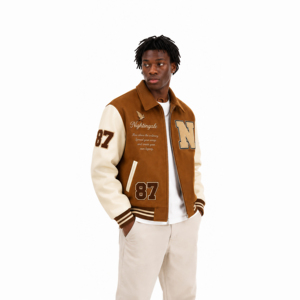 แจ็คเก็ตวาร์ซิตี้ OEM แขนหนัง ปักอักษรเชนิลล์ แจ็คเก็ตเบสบอลแบบ Letterman คุณภาพสูง แจ็คเก็ตวาร์ซิตี้ทีมเบสบอล - Product Image 1