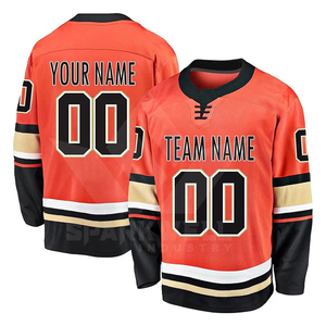 Maillot de hockey sur glace personnalisé pour homme, orange, noir et or, avec nom et numéro de l'équipe, manches longues, respirant, sublimé, col en V, polyester - Product Image 1
