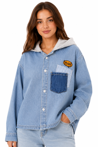 <b>Womens</b> Oversized <b>Denim</b> Hoodie Shirt Light Blue Button Down Jacket Casual <b>Long</b> Sleeve Hooded <b>Denim</b> Top <b>for</b> <b>Women</b> Stylish Loose - Product Image 1