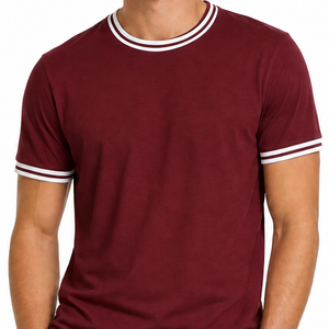เสื้อยืดคอกลมผู้ชายขายดี สีแดงเบอร์กันดี ขาว ลายทางคู่ คอริบ แขนสั้น เสื้อสำหรับออกกำลังกาย - Product Image 2