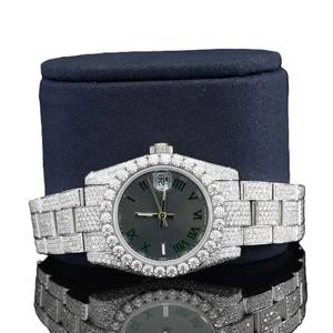 Montre de luxe pour homme avec chiffres romains, cadran vert, entièrement sertie de diamants Moissanite, date automatique, style Hip Hop - Product Image 1