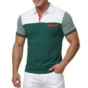 เสื้อโปโลผู้ชายแบบ OEM สีตัดต่อ ผลิตตามสั่ง แขนสั้น ลายทาง ผ้าถัก คอตตอน มีกระเป๋าหน้าอก ขายส่ง - Product Image 5