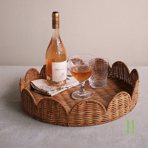 New Design <b>Round</b> Rattan Tray Hand-Woven <b>Wicker</b> Serving <b>Basket</b> with Wood Handles Sustainable Kitchen & Living Room Decor - Product Image 2