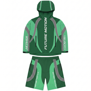 280 GSM Premium Polyester Cut And Sew Green Panel Tracksuit Set Custom Sublimation Logo Windbreaker Shorts for Men - Product Image 1