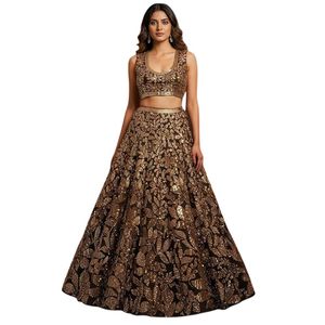 Elegant <b>Gold</b> <b>Sequined</b> A-Line Bridesmaid Dress With Crop <b>Top</b> Sleeveless Floor-Length Scoop Neckline Natural Waist Classic Style - Product Image 1