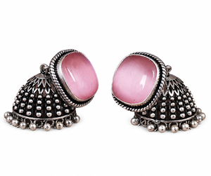 Women's Pink <b>Oxidized</b> Silver Imitation Pearl Drop Jhumka Earrings | Handmade Ethnic Antique Silver Plated Brass Zinc Alloy Boho - Product Image 3