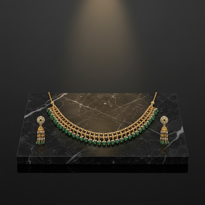 Elegant Gold Green <b>Bead</b> Necklace <b>Set</b> with Matching Earrings Traditional Indian Jewelry for Women Festive Wedding Wear Gift - Product Image 1