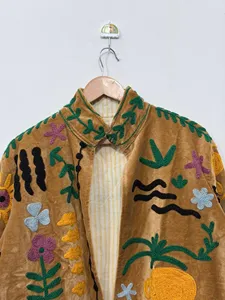 Bohemian Brown <b>Velvet</b> Embroidered Suzani <b>Jacket</b> with Floral Pattern Full Sleeve Stand Collar Handmade <b>Women's</b> Winter Coat - Product Image 3