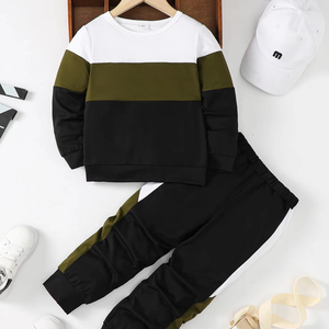 Conjunto Deportivo para Niños con Bloques de Color, Manga Larga, Cuello Redondo, Informal, para Otoño, 100% Algodón, Transpirable, Corte Regular - Product Image 1