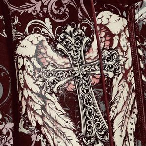 เสื้อฮู้ดซิปสีแดงเลือดหมูพิมพ์ลายปีกนางฟ้าและกากบาท สไตล์วินเทจ Y2K กอธิค สตรีทแวร์ ทรงโอเวอร์ไซส์ สำหรับผู้หญิงและผู้ชาย - Product Image 3