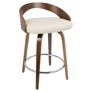Grotto Mid-Century Modern Counter <b>Stool</b> Walnut with Cream Faux Leather <b>Swivel</b> Feature Set of 2 <b>Bar</b> <b>Stools</b> - Product Image 3