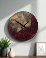 Horloge murale moderne de luxe en bois de burl époxy rouge profond avec aiguille à quartz, à face unique, bord brut, silencieuse, pour salon