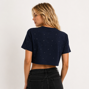 Manufacturer Custom <b>Rhinestone</b> Decorated women's shirt Relaxed Fit Y2K Embellished Cotton Blend <b>Crop</b> <b>Top</b> Personalized Branding - Product Image 3