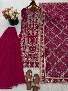 Salwar Kameez de Georgette Magenta y Teal con Bordado Zari Plateado, Traje de Diseñador para Bodas y Fiestas, Pantalón Palazzo Plisado y Dupatta de Encaje - Product Image 2