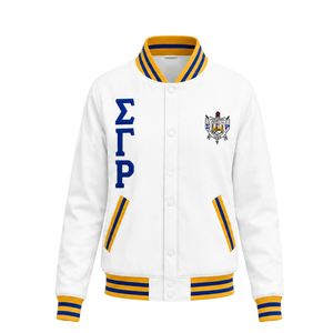 Custom <b>White</b> Varsity <b>Jacket</b> with Royal Blue and Gold Striped Ribbed Collar Cuffs Hem Greek Letter Embroidery Crest Logo Collegia - Product Image 1