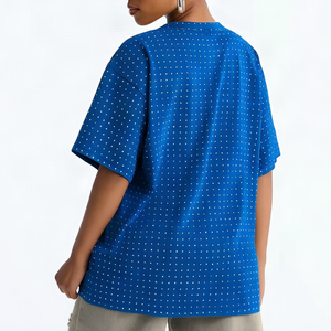 Camiseta de Verano de la Mejor Calidad para Mujer, Talla Grande, Azul con Diseño de Lunares, Cuello Redondo, Manga Corta, con Bolsillo, de Algodón Jersey, Corte Holgado - Product Image 2