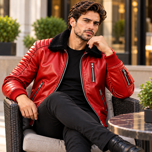 Blouson de moto en cuir rouge pour homme avec col en fourrure de mouton, manches rembourrées, vêtement de motard haut de gamme - Product Image 6