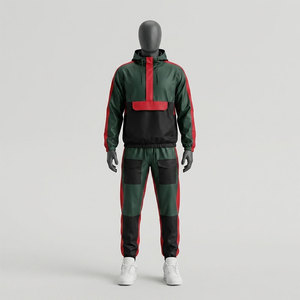 Ensemble de survêtement tricoté uni pour homme, style urbain, grande taille, décontracté, coupe-vent, respirant, deux pièces, vert et noir, en polyester - Product Image 1