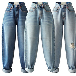 กางเกงยีนส์ผู้หญิงขนาดใหญ่พิเศษเอวสูงปานกลางใส่สบายทรงหลวมยืดซักได้สีพื้น - Product Image 3