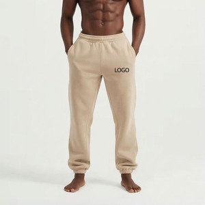 Cusstom Men's Beige Cotton Sweatpants Regular Fit Elastic Waist Midweight Casual <b>Joggers</b> With Pockets Logo On Right Leg - Product Image 1